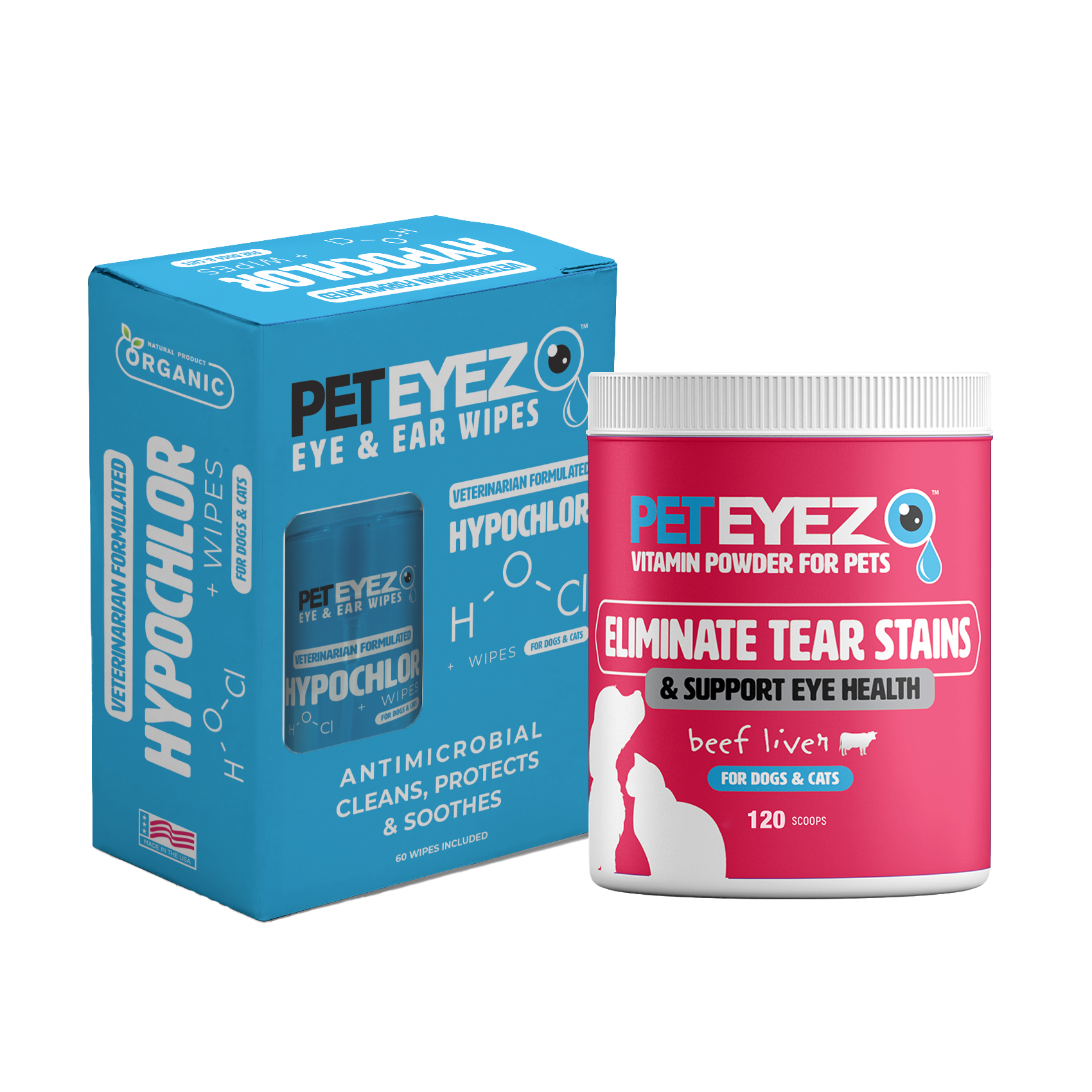 Pet Eyez™ Eye and Ear Wipes w/ HypoChlor + Beef Liver Powder for Dogs and Cats