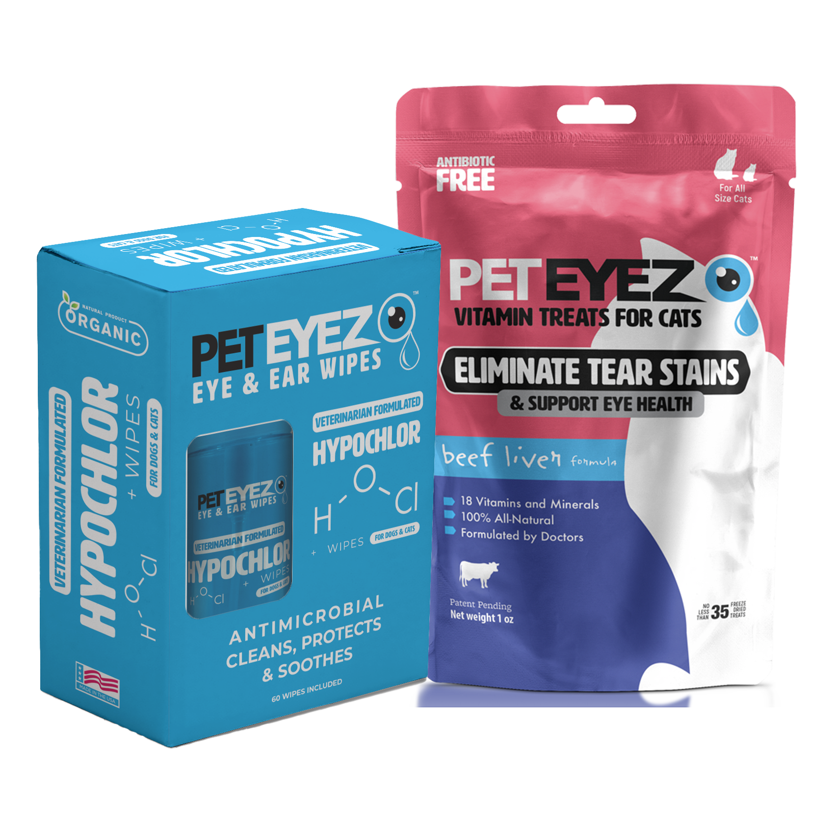 Pet Eyez™ Eye and Ear Wipes w/ HypoChlor + Beef Liver Treats for Cats