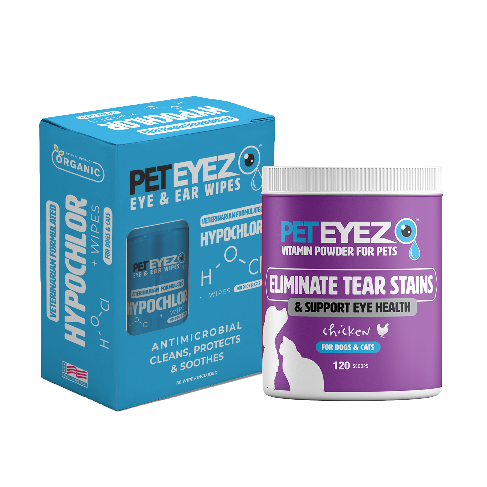 Pet Eyez™ Eye and Ear Wipes w/ HypoChlor + Chicken Powder for Dogs and Cats